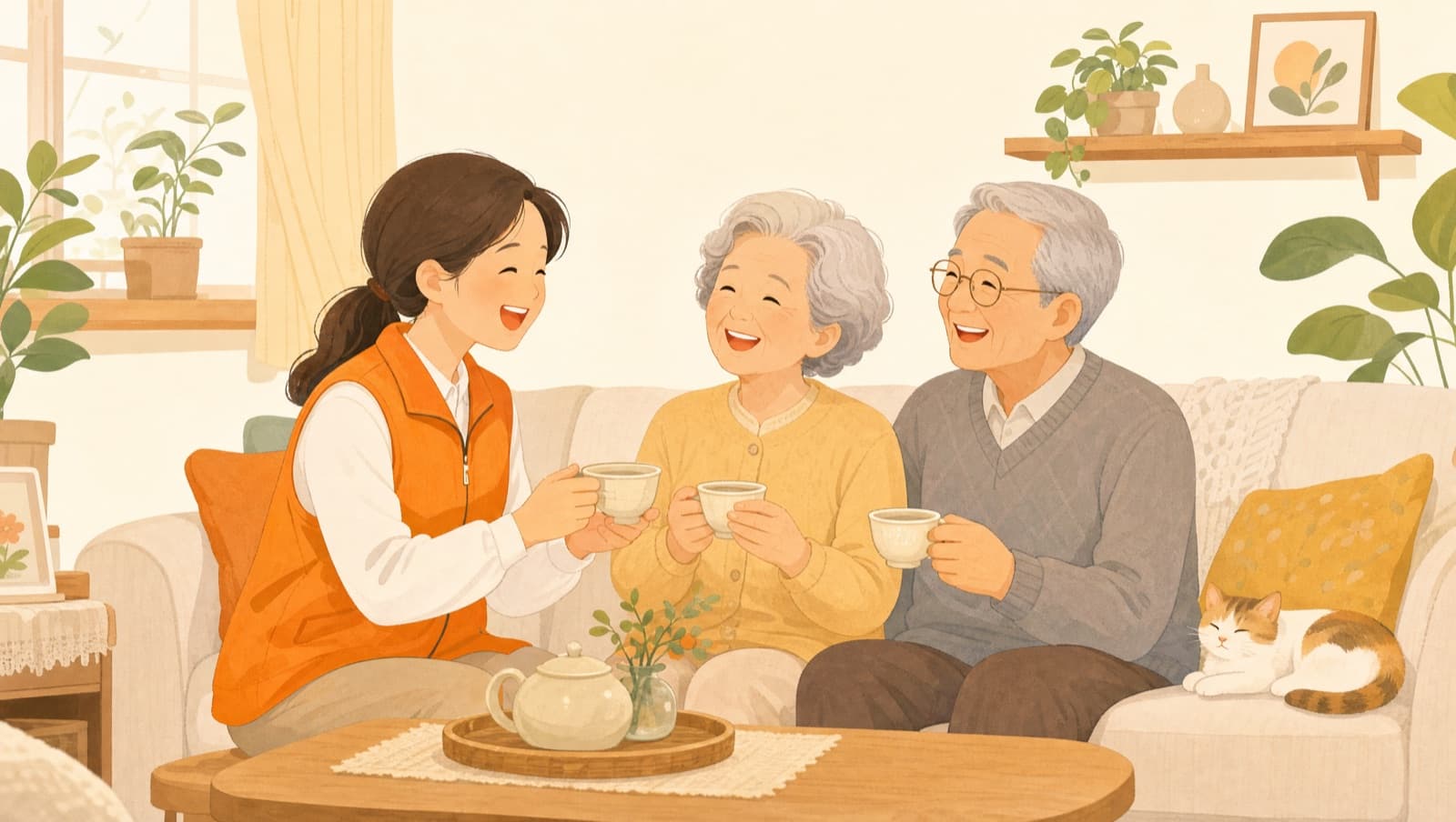 거실에서 요양보호사와 어르신 부부가 함께 차를 마시는 따뜻한 일러스트