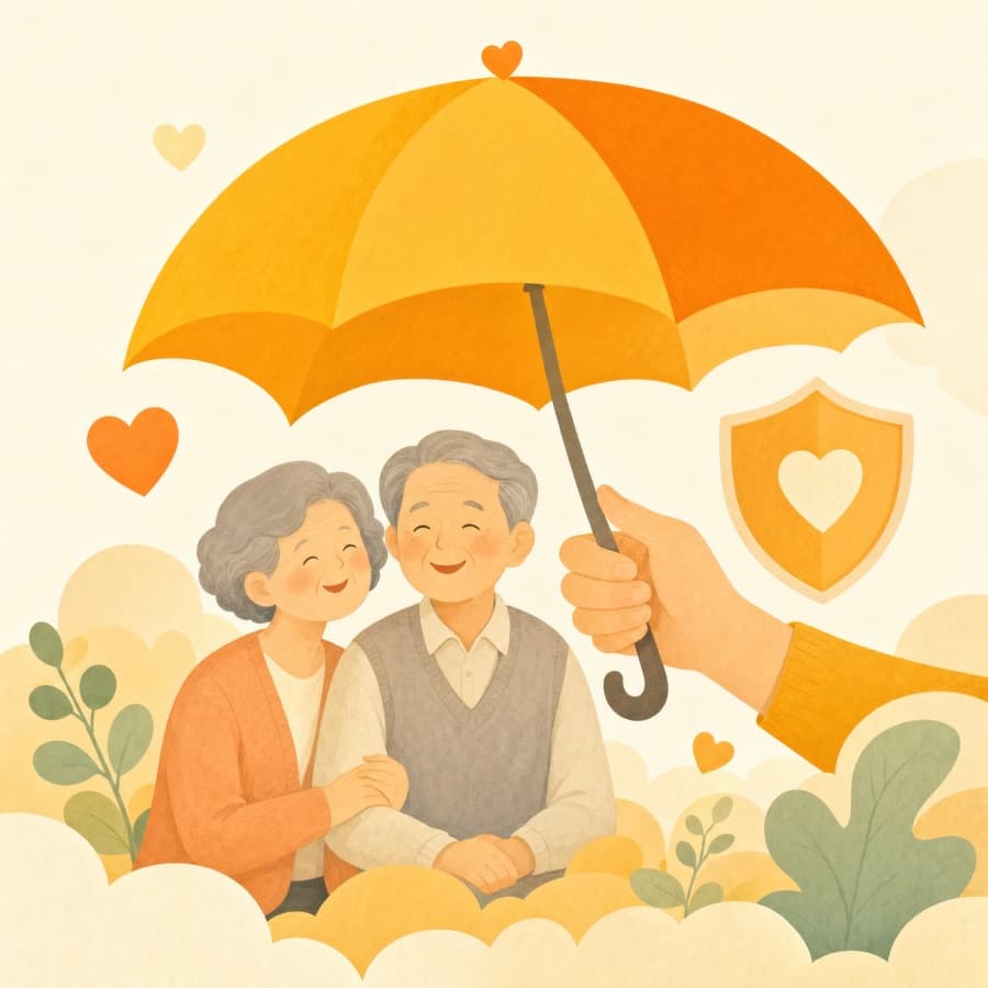 우산이 어르신 부부를 보호하는 장기요양보험 일러스트