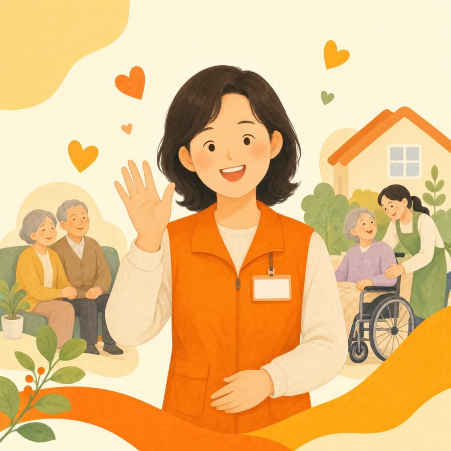 환하게 웃으며 인사하는 요양보호사 일러스트