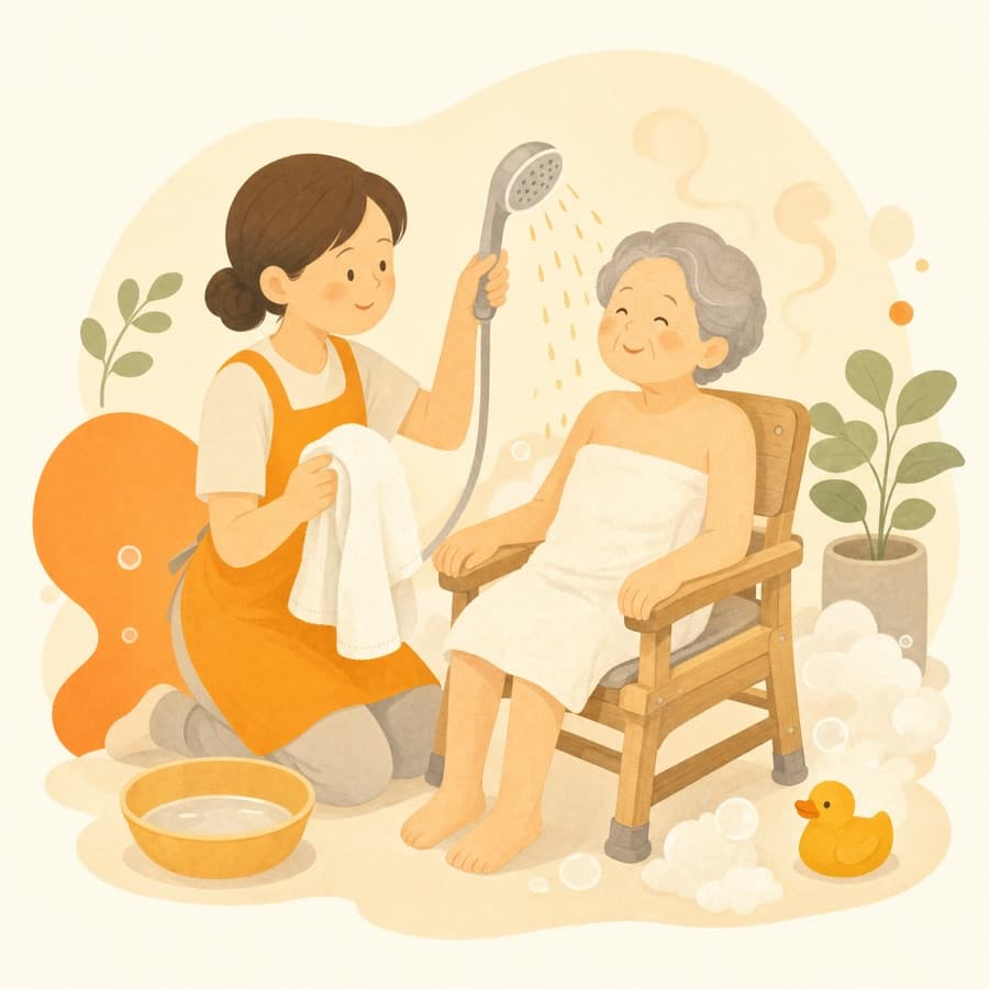 따뜻한 목욕 도움을 표현한 일러스트